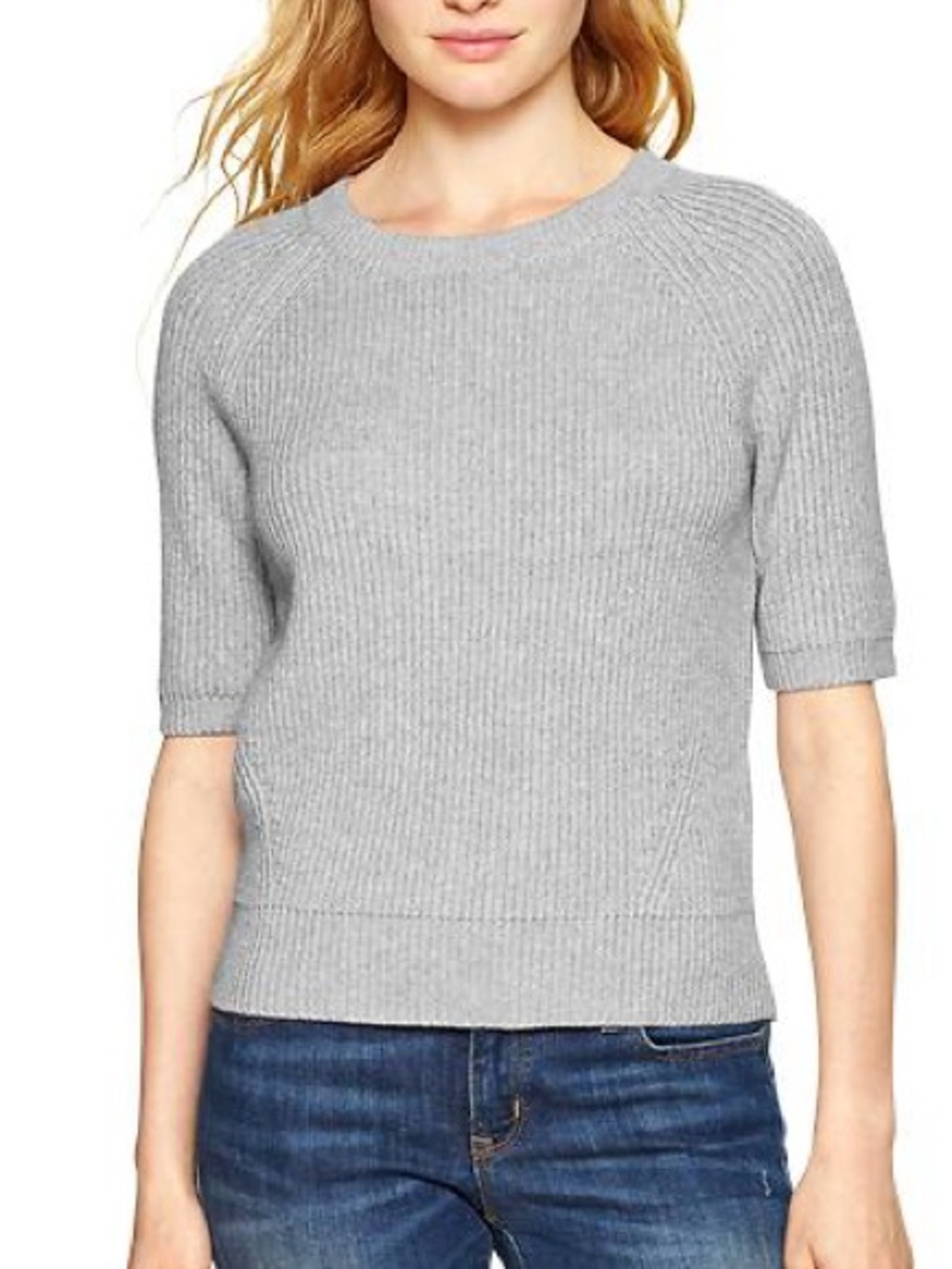 GAP Women’s Light Gray Ribbed Elbow Length Sleeve Crewneck Sweater Size Large